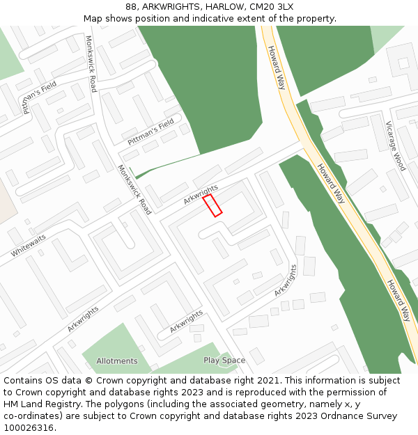 88, ARKWRIGHTS, HARLOW, CM20 3LX: Location map and indicative extent of plot