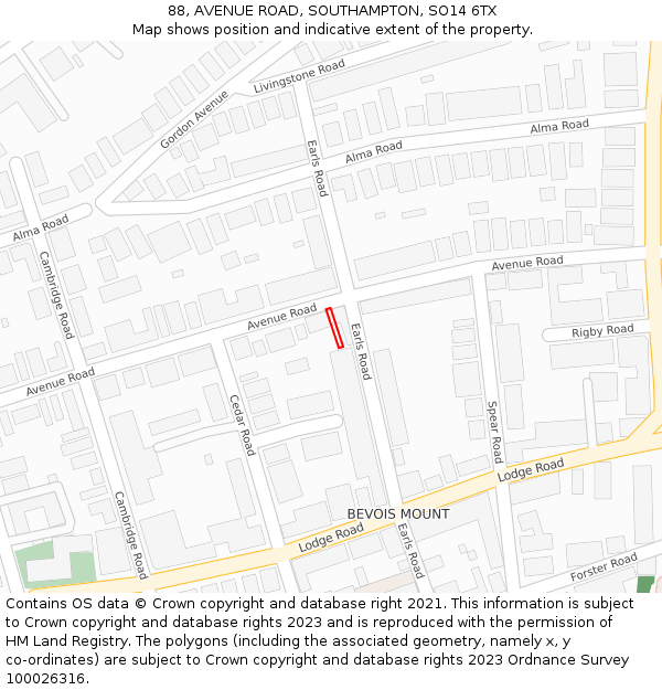 88, AVENUE ROAD, SOUTHAMPTON, SO14 6TX: Location map and indicative extent of plot