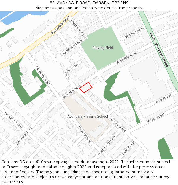 88, AVONDALE ROAD, DARWEN, BB3 1NS: Location map and indicative extent of plot