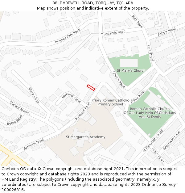 88, BAREWELL ROAD, TORQUAY, TQ1 4PA: Location map and indicative extent of plot