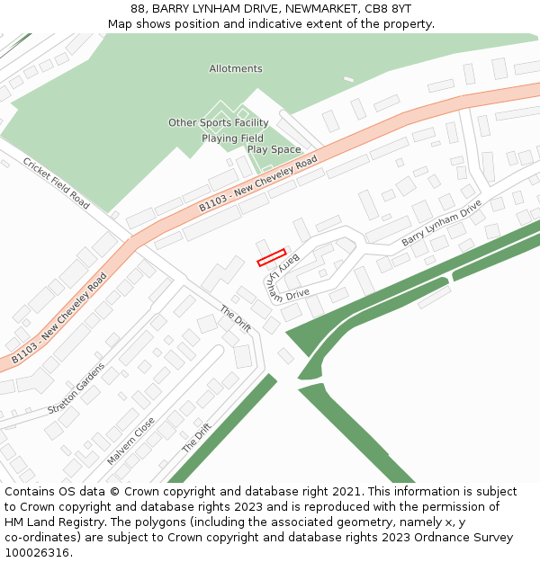 88, BARRY LYNHAM DRIVE, NEWMARKET, CB8 8YT: Location map and indicative extent of plot