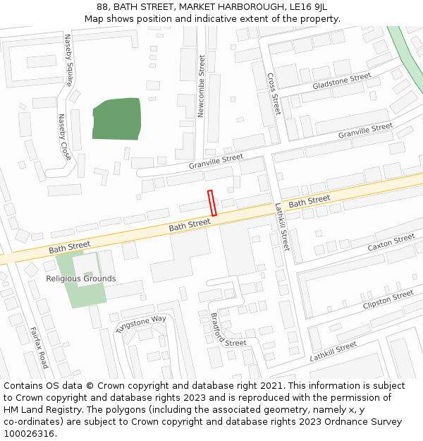 88, BATH STREET, MARKET HARBOROUGH, LE16 9JL: Location map and indicative extent of plot