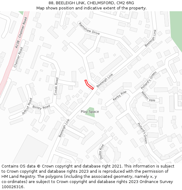 88, BEELEIGH LINK, CHELMSFORD, CM2 6RG: Location map and indicative extent of plot