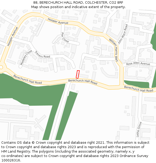 88, BERECHURCH HALL ROAD, COLCHESTER, CO2 8RF: Location map and indicative extent of plot