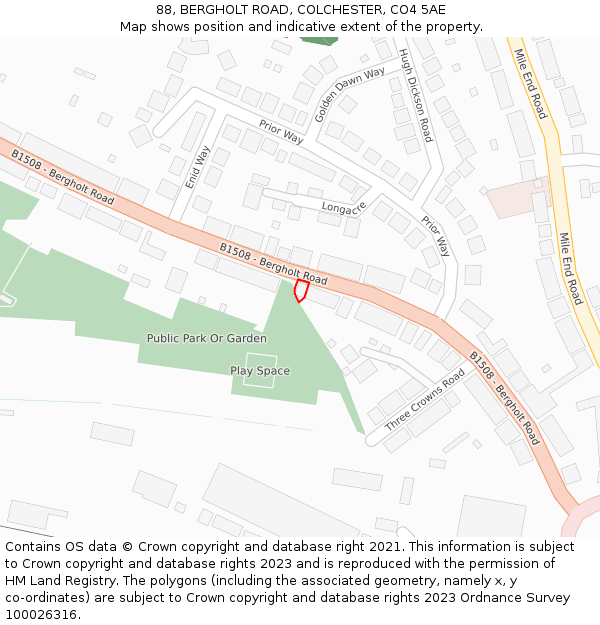 88, BERGHOLT ROAD, COLCHESTER, CO4 5AE: Location map and indicative extent of plot