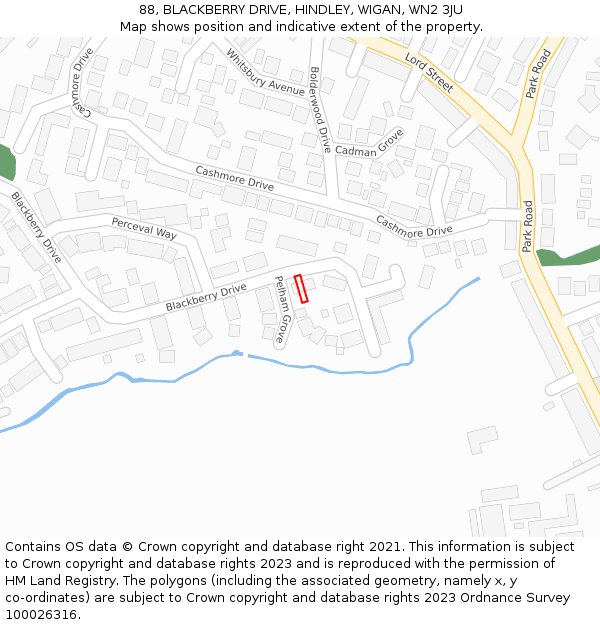 88, BLACKBERRY DRIVE, HINDLEY, WIGAN, WN2 3JU: Location map and indicative extent of plot