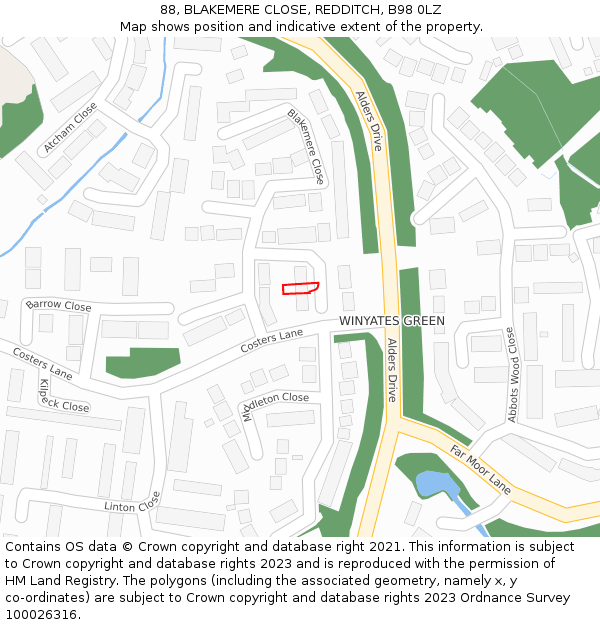 88, BLAKEMERE CLOSE, REDDITCH, B98 0LZ: Location map and indicative extent of plot