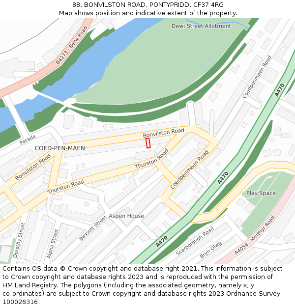 88, BONVILSTON ROAD, PONTYPRIDD, CF37 4RG: Location map and indicative extent of plot