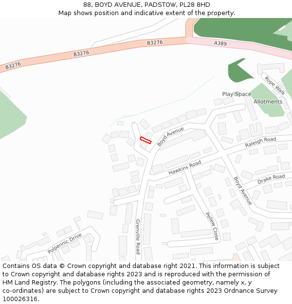 88, BOYD AVENUE, PADSTOW, PL28 8HD: Location map and indicative extent of plot