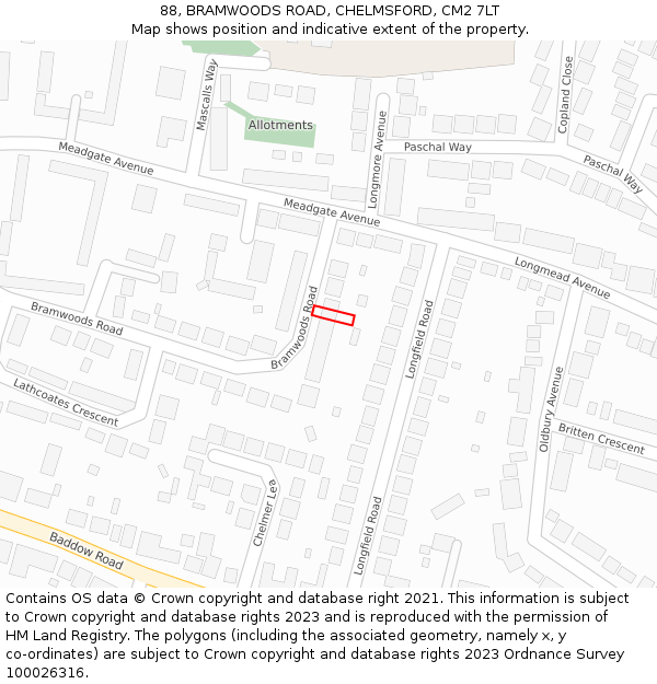 88, BRAMWOODS ROAD, CHELMSFORD, CM2 7LT: Location map and indicative extent of plot