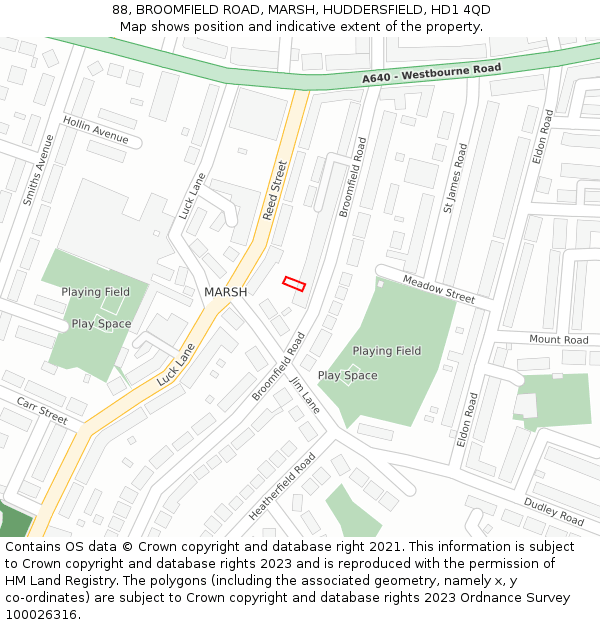 88, BROOMFIELD ROAD, MARSH, HUDDERSFIELD, HD1 4QD: Location map and indicative extent of plot