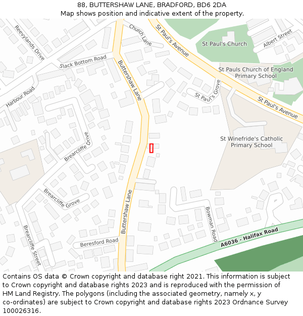 88, BUTTERSHAW LANE, BRADFORD, BD6 2DA: Location map and indicative extent of plot