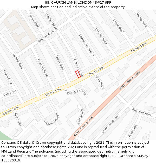 88, CHURCH LANE, LONDON, SW17 9PR: Location map and indicative extent of plot