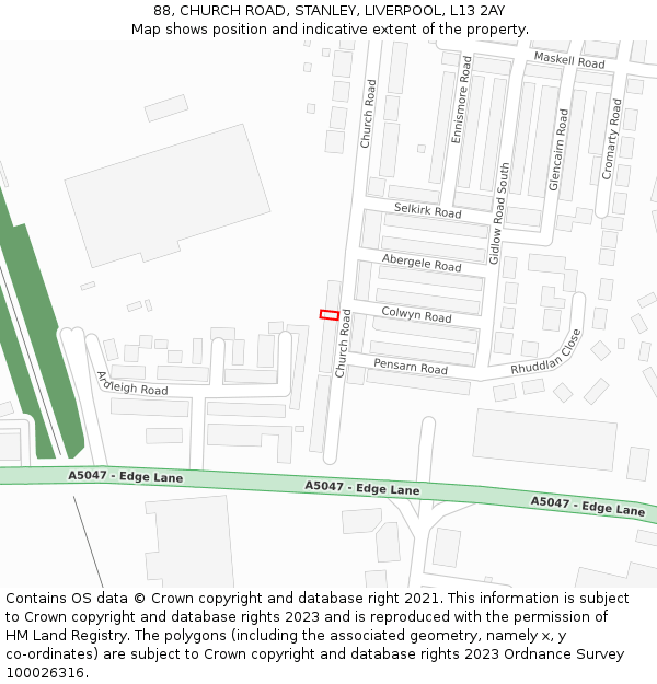 88, CHURCH ROAD, STANLEY, LIVERPOOL, L13 2AY: Location map and indicative extent of plot