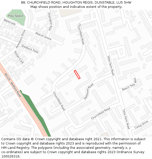 88, CHURCHFIELD ROAD, HOUGHTON REGIS, DUNSTABLE, LU5 5HW: Location map and indicative extent of plot