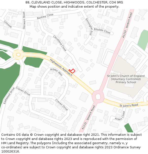 88, CLEVELAND CLOSE, HIGHWOODS, COLCHESTER, CO4 9RS: Location map and indicative extent of plot