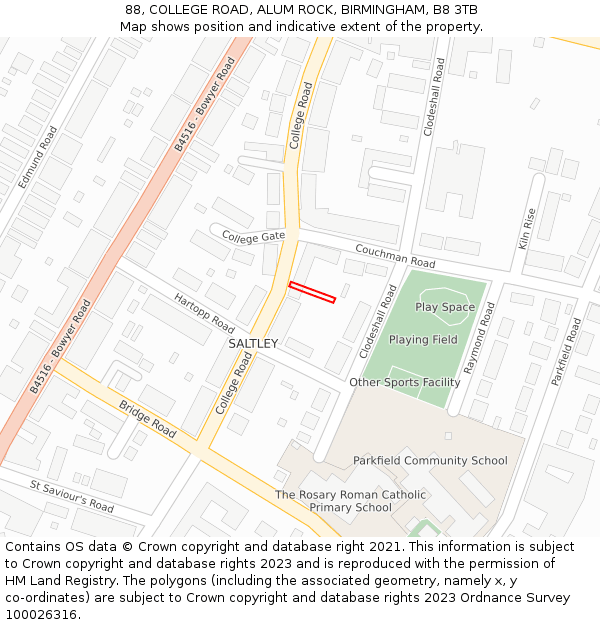 88, COLLEGE ROAD, ALUM ROCK, BIRMINGHAM, B8 3TB: Location map and indicative extent of plot