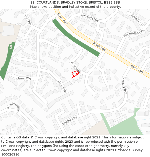 88, COURTLANDS, BRADLEY STOKE, BRISTOL, BS32 9BB: Location map and indicative extent of plot