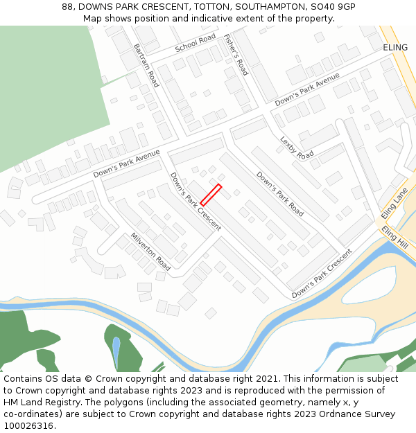 88, DOWNS PARK CRESCENT, TOTTON, SOUTHAMPTON, SO40 9GP: Location map and indicative extent of plot
