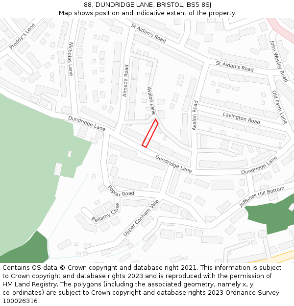 88, DUNDRIDGE LANE, BRISTOL, BS5 8SJ: Location map and indicative extent of plot