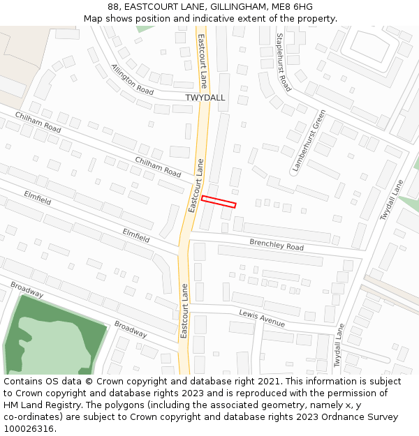 88, EASTCOURT LANE, GILLINGHAM, ME8 6HG: Location map and indicative extent of plot