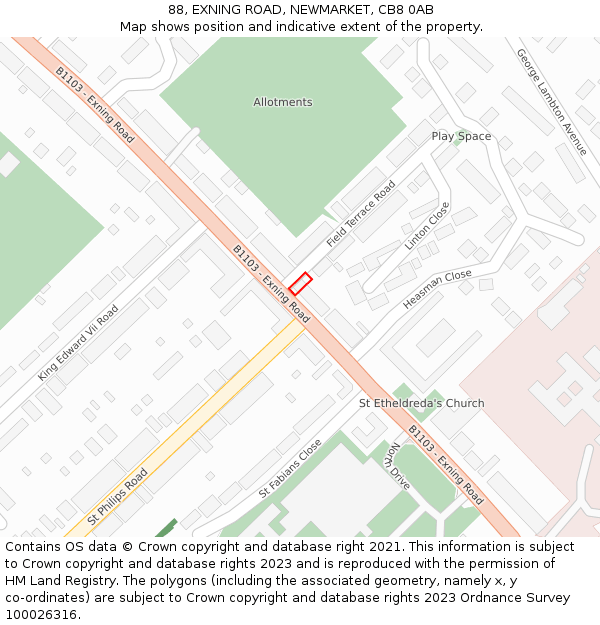 88, EXNING ROAD, NEWMARKET, CB8 0AB: Location map and indicative extent of plot