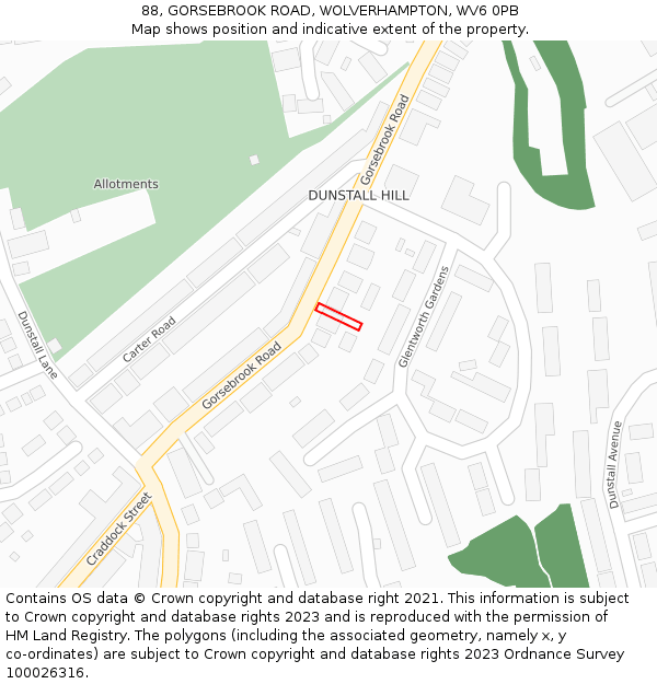 88, GORSEBROOK ROAD, WOLVERHAMPTON, WV6 0PB: Location map and indicative extent of plot