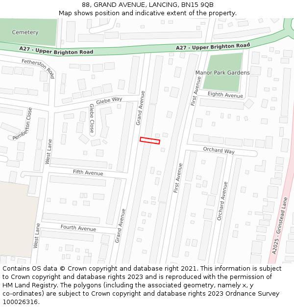 88, GRAND AVENUE, LANCING, BN15 9QB: Location map and indicative extent of plot