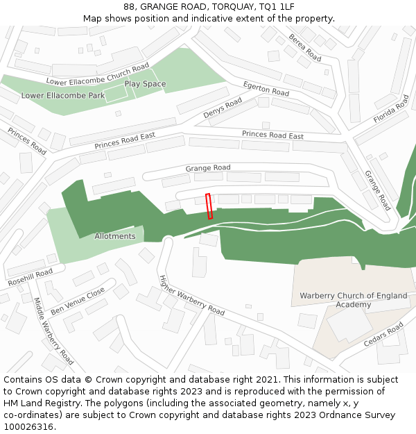 88, GRANGE ROAD, TORQUAY, TQ1 1LF: Location map and indicative extent of plot