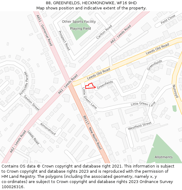 88, GREENFIELDS, HECKMONDWIKE, WF16 9HD: Location map and indicative extent of plot