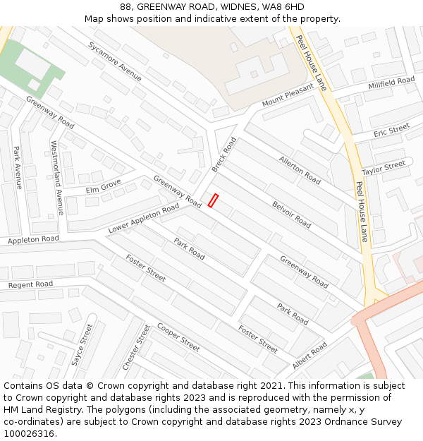 88, GREENWAY ROAD, WIDNES, WA8 6HD: Location map and indicative extent of plot