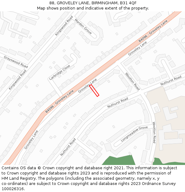 88, GROVELEY LANE, BIRMINGHAM, B31 4QF: Location map and indicative extent of plot
