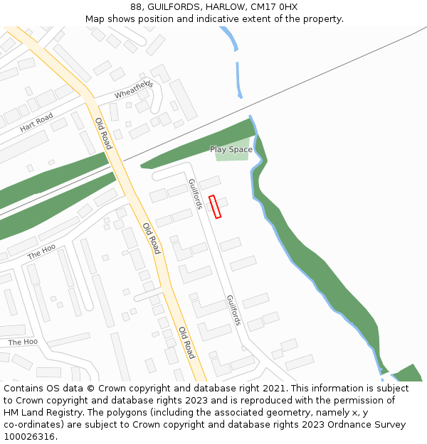 88, GUILFORDS, HARLOW, CM17 0HX: Location map and indicative extent of plot