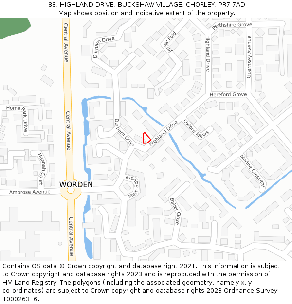 88, HIGHLAND DRIVE, BUCKSHAW VILLAGE, CHORLEY, PR7 7AD: Location map and indicative extent of plot