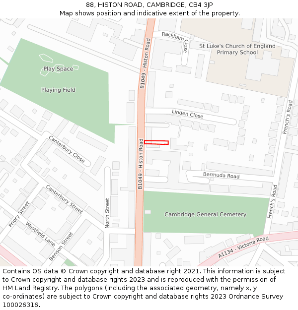 88, HISTON ROAD, CAMBRIDGE, CB4 3JP: Location map and indicative extent of plot