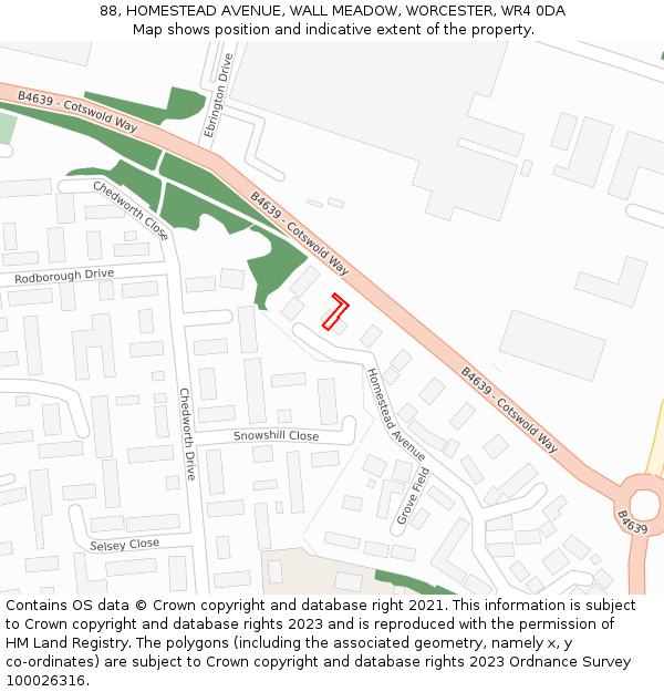 88, HOMESTEAD AVENUE, WALL MEADOW, WORCESTER, WR4 0DA: Location map and indicative extent of plot