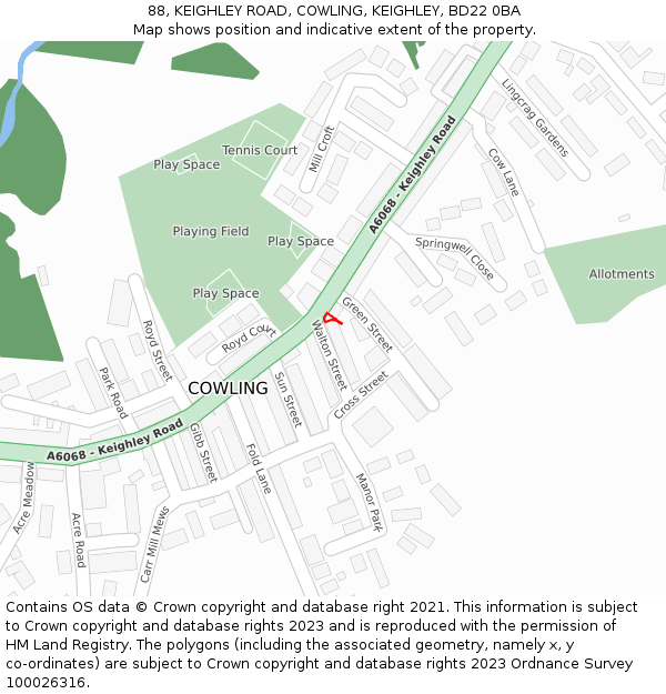 88, KEIGHLEY ROAD, COWLING, KEIGHLEY, BD22 0BA: Location map and indicative extent of plot