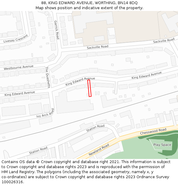 88, KING EDWARD AVENUE, WORTHING, BN14 8DQ: Location map and indicative extent of plot