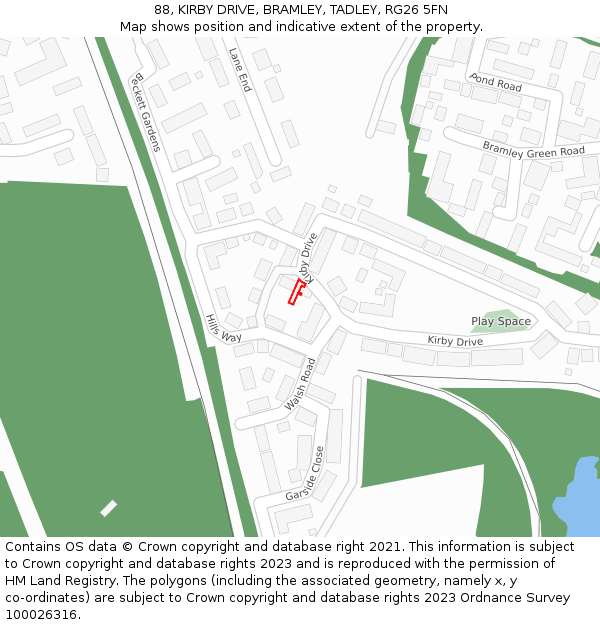 88, KIRBY DRIVE, BRAMLEY, TADLEY, RG26 5FN: Location map and indicative extent of plot