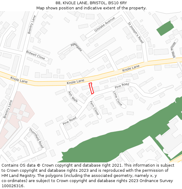 88, KNOLE LANE, BRISTOL, BS10 6RY: Location map and indicative extent of plot