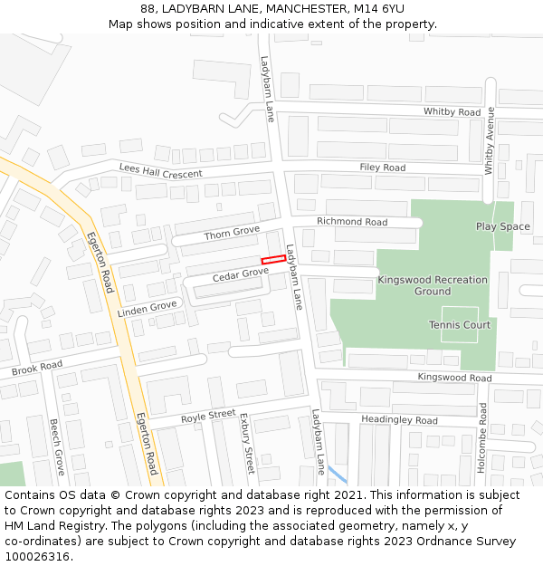 88, LADYBARN LANE, MANCHESTER, M14 6YU: Location map and indicative extent of plot