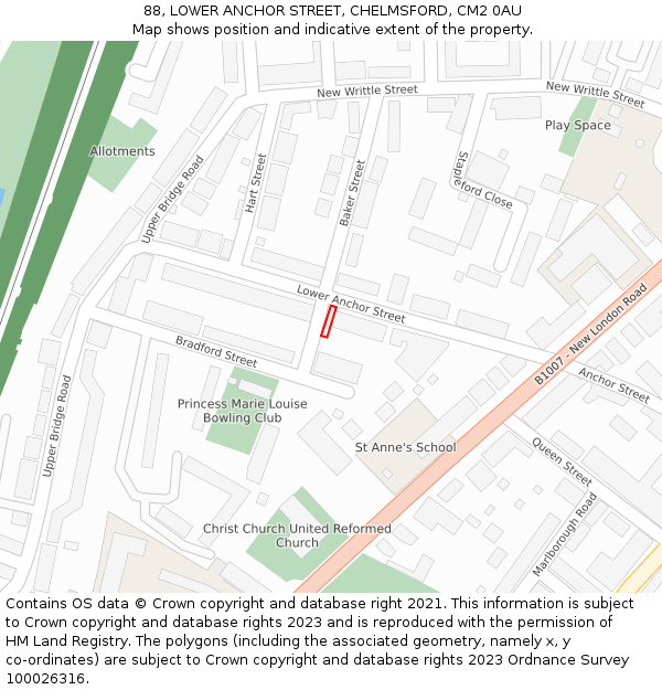 88, LOWER ANCHOR STREET, CHELMSFORD, CM2 0AU: Location map and indicative extent of plot