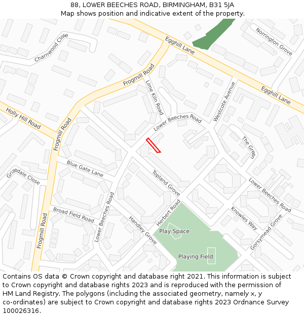 88, LOWER BEECHES ROAD, BIRMINGHAM, B31 5JA: Location map and indicative extent of plot