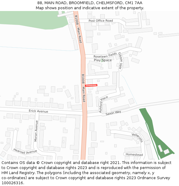 88, MAIN ROAD, BROOMFIELD, CHELMSFORD, CM1 7AA: Location map and indicative extent of plot