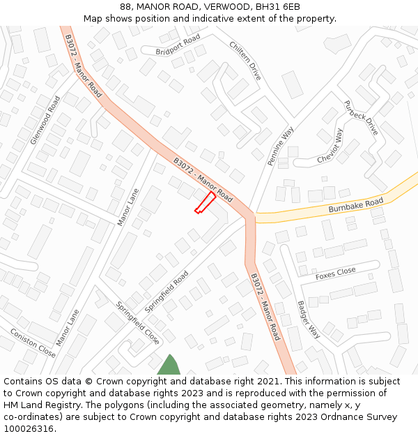 88, MANOR ROAD, VERWOOD, BH31 6EB: Location map and indicative extent of plot