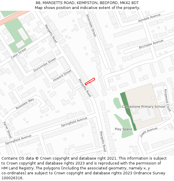 88, MARGETTS ROAD, KEMPSTON, BEDFORD, MK42 8DT: Location map and indicative extent of plot