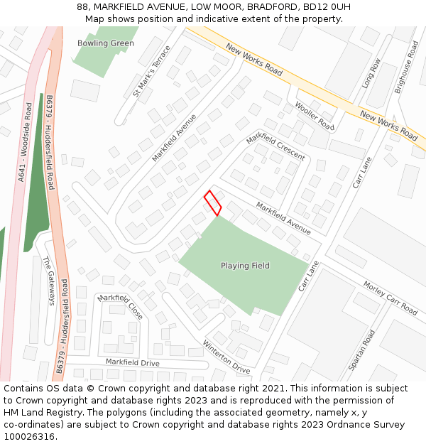 88, MARKFIELD AVENUE, LOW MOOR, BRADFORD, BD12 0UH: Location map and indicative extent of plot
