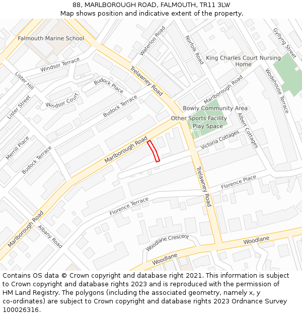 88, MARLBOROUGH ROAD, FALMOUTH, TR11 3LW: Location map and indicative extent of plot