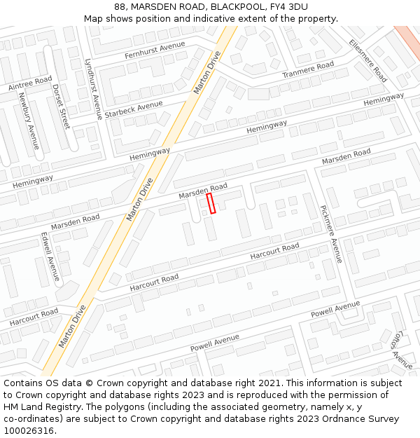 88, MARSDEN ROAD, BLACKPOOL, FY4 3DU: Location map and indicative extent of plot