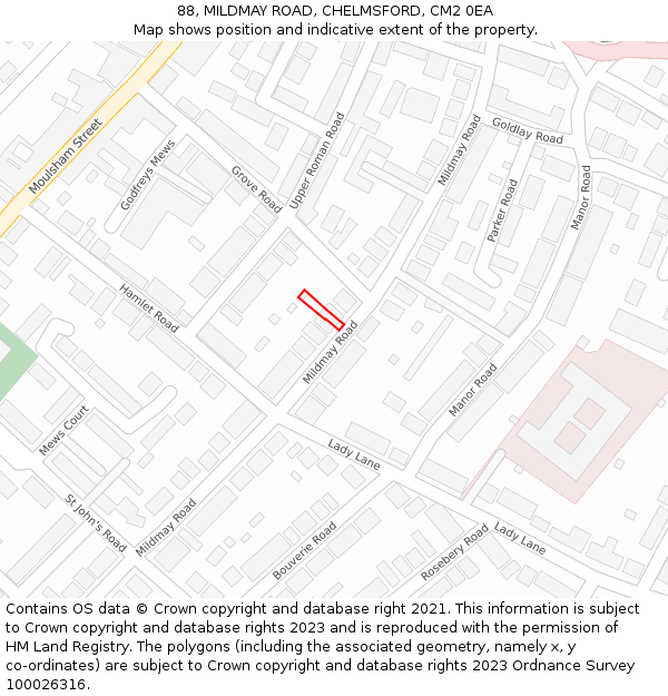 88, MILDMAY ROAD, CHELMSFORD, CM2 0EA: Location map and indicative extent of plot